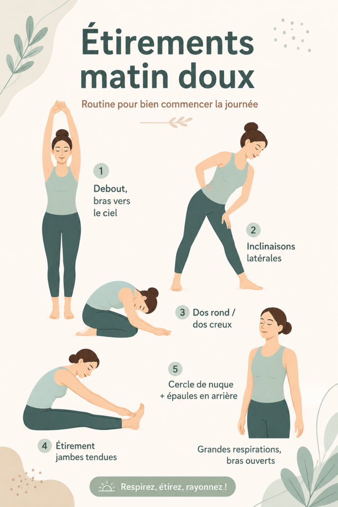 Femme en train de faire des étirements doux le matin dans un cadre apaisant.