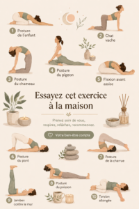 Femme en train de faire un exercice relaxant chez elle pour un bien-être optimal.