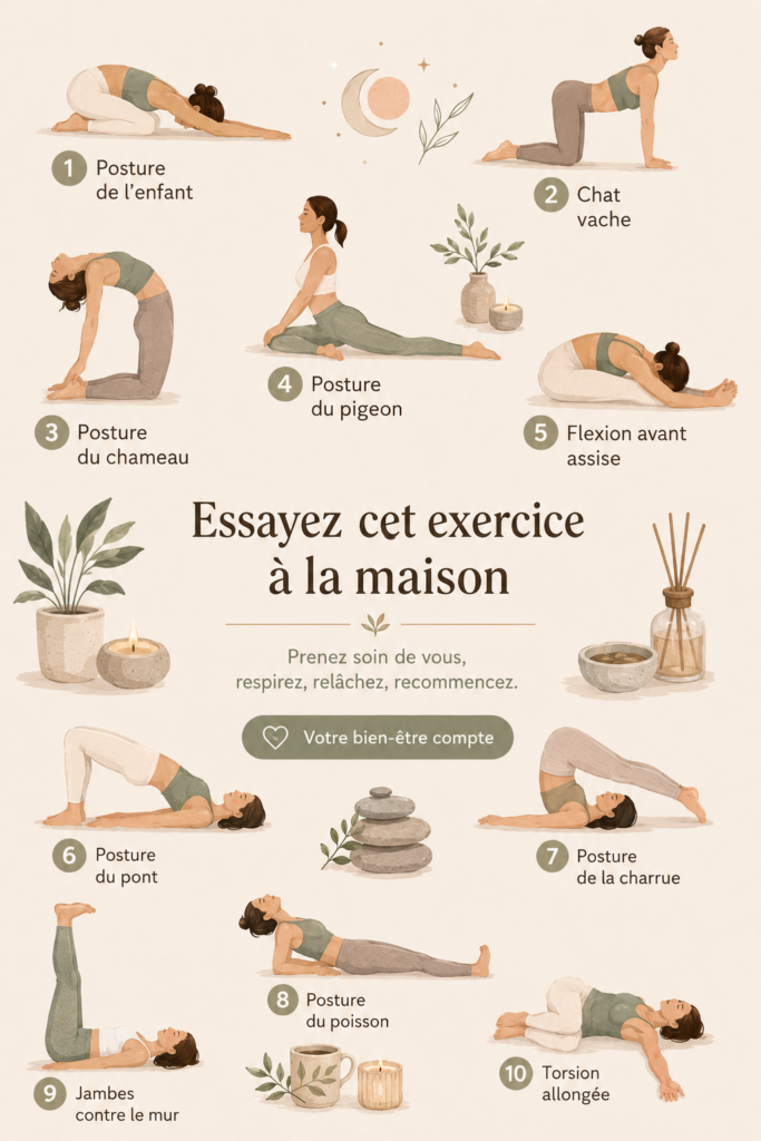 Femme en train de faire un exercice relaxant chez elle pour un bien-être optimal.