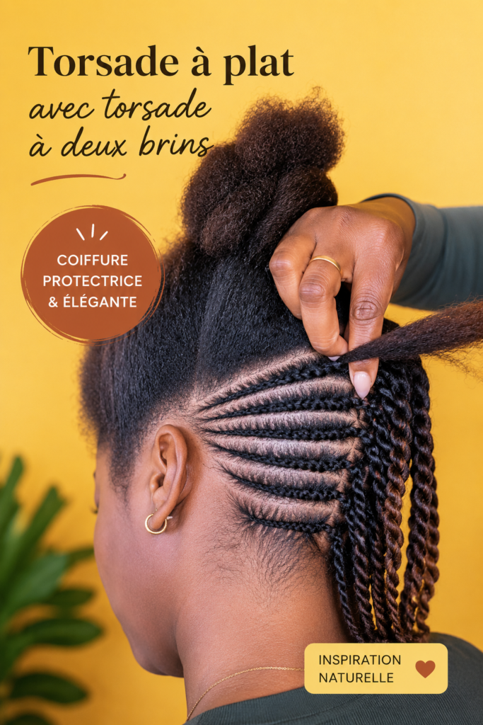 Femme avec un chignon Flat Twist élégant sur cheveux crépus.