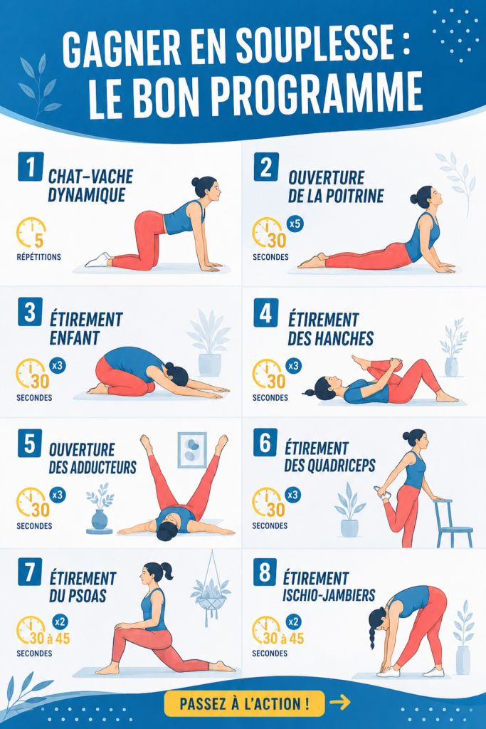 Femme pratiquant des étirements pour gagner en souplesse dans un environnement paisible.