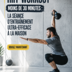 Femme s'entraînant à la maison avec une routine HIIT de 30 minutes, dynamique et motivante.