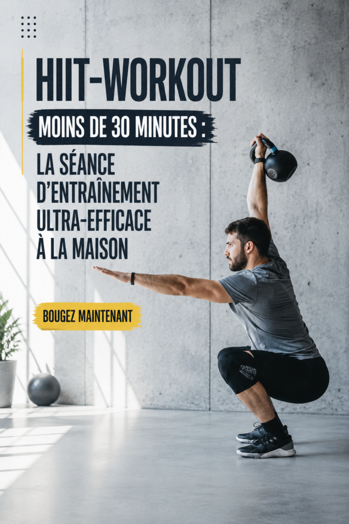 Femme s'entraînant à la maison avec une routine HIIT de 30 minutes, dynamique et motivante.