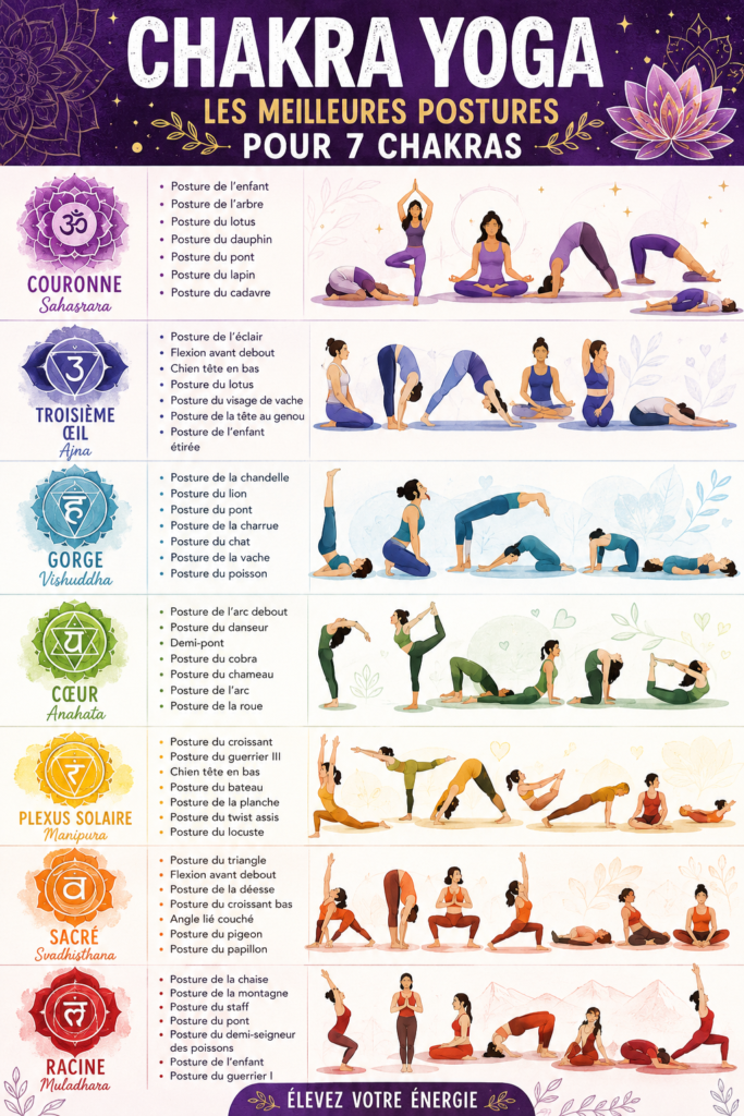 Femme pratiquant le yoga dans un cadre serein, illustrant l'harmonisation des chakras.