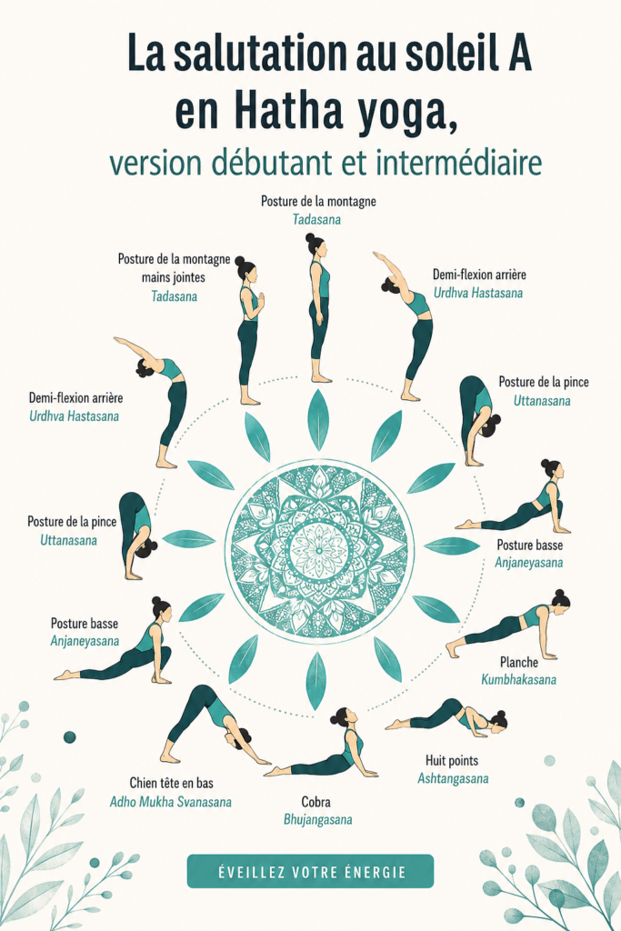 Une femme pratiquant la salutation au soleil en yoga dans un parc