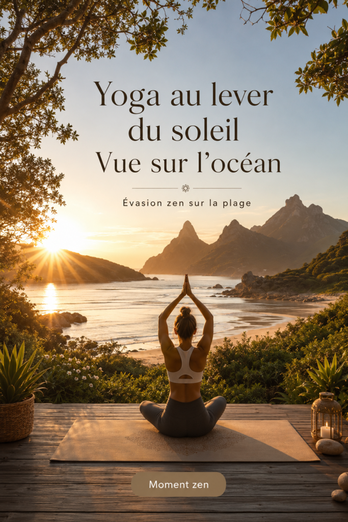 Yoga au lever du soleil sur la plage avec vue sur l'océan.