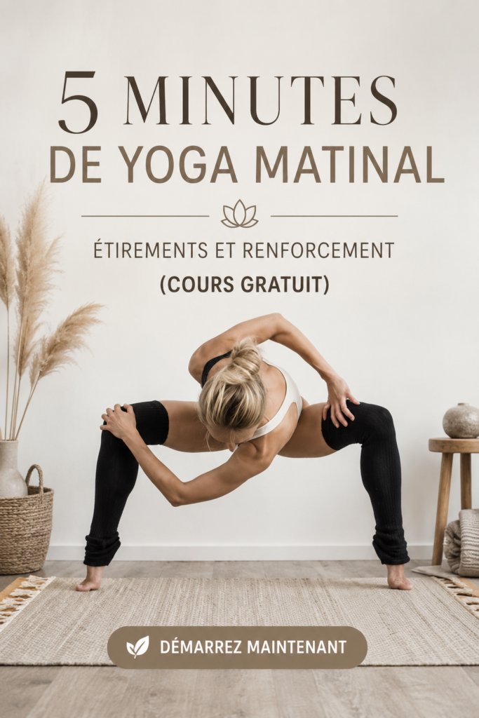 Femme pratiquant le yoga matinal sur un tapis dans un environnement serein.