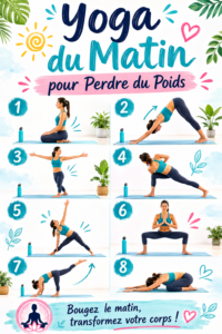 Femme pratiquant le yoga du matin sur un tapis avec une vue sur la nature