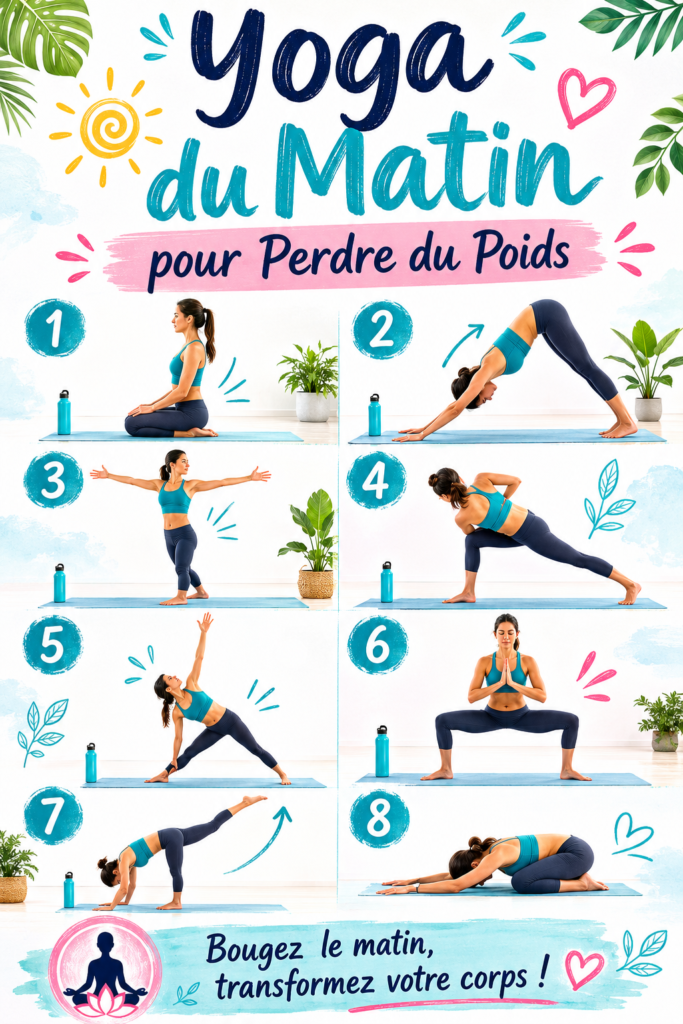 Femme pratiquant le yoga du matin sur un tapis avec une vue sur la nature