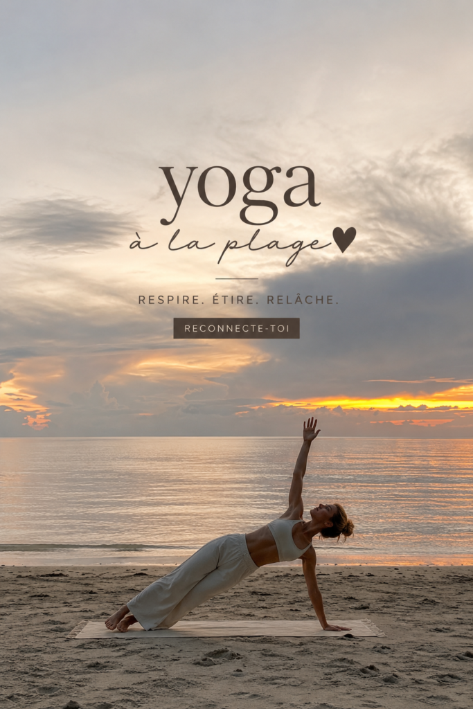 Femme pratiquant le yoga sur la plage au coucher de soleil