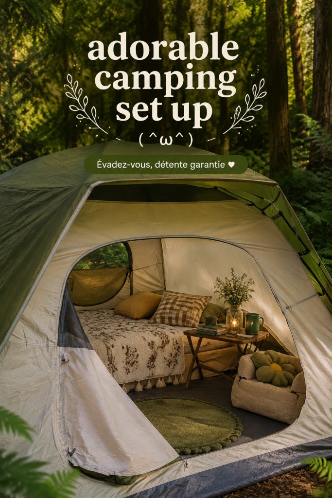 Un jardin aménagé en camping adorable avec des tentes et des lumières douces.