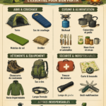 Checklist camping avec matériel essentiel sur une table en pleine nature