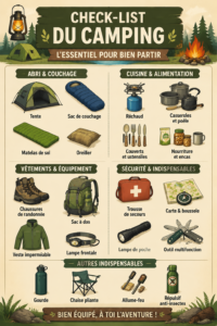 Checklist camping avec matériel essentiel sur une table en pleine nature