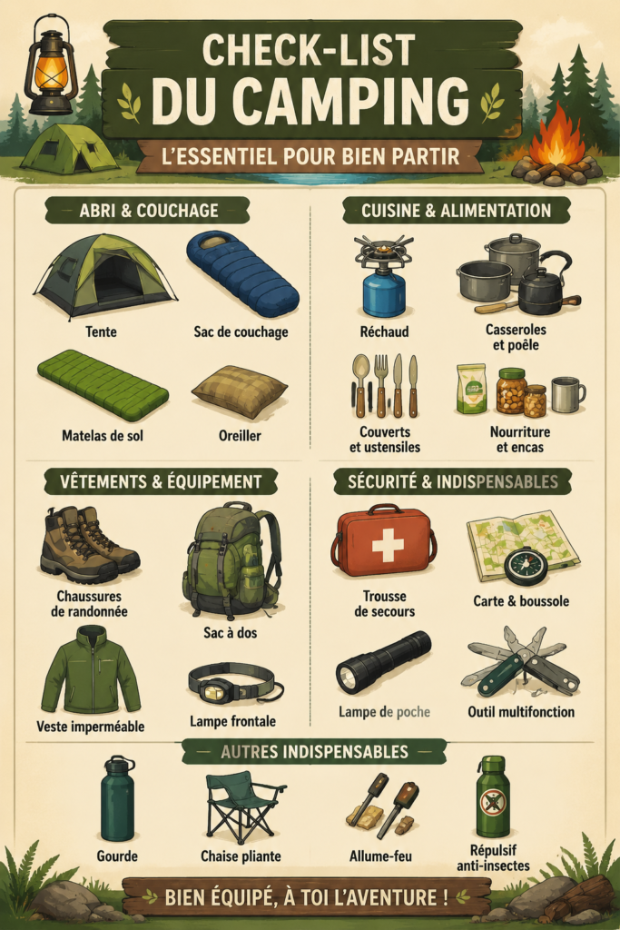 Checklist camping avec matériel essentiel sur une table en pleine nature