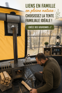 Une famille heureuse installant leur tente lors d'un camping en pleine nature.