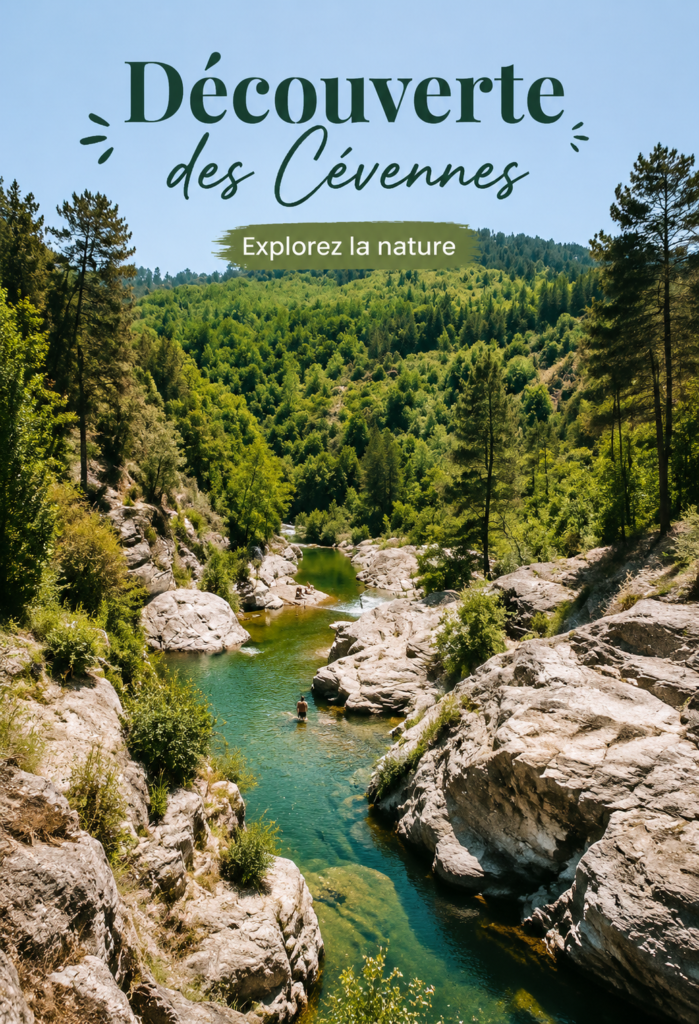 Vue panoramique des paysages des Cévennes avec des montagnes verdoyantes.