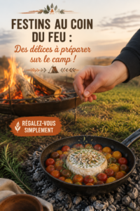 Repas savoureux préparé autour d'un feu de camp