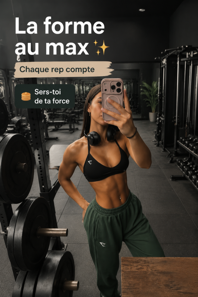 Une femme souriante faisant des exercices de fitness dans une salle de sport, illustrant une routine saine.
