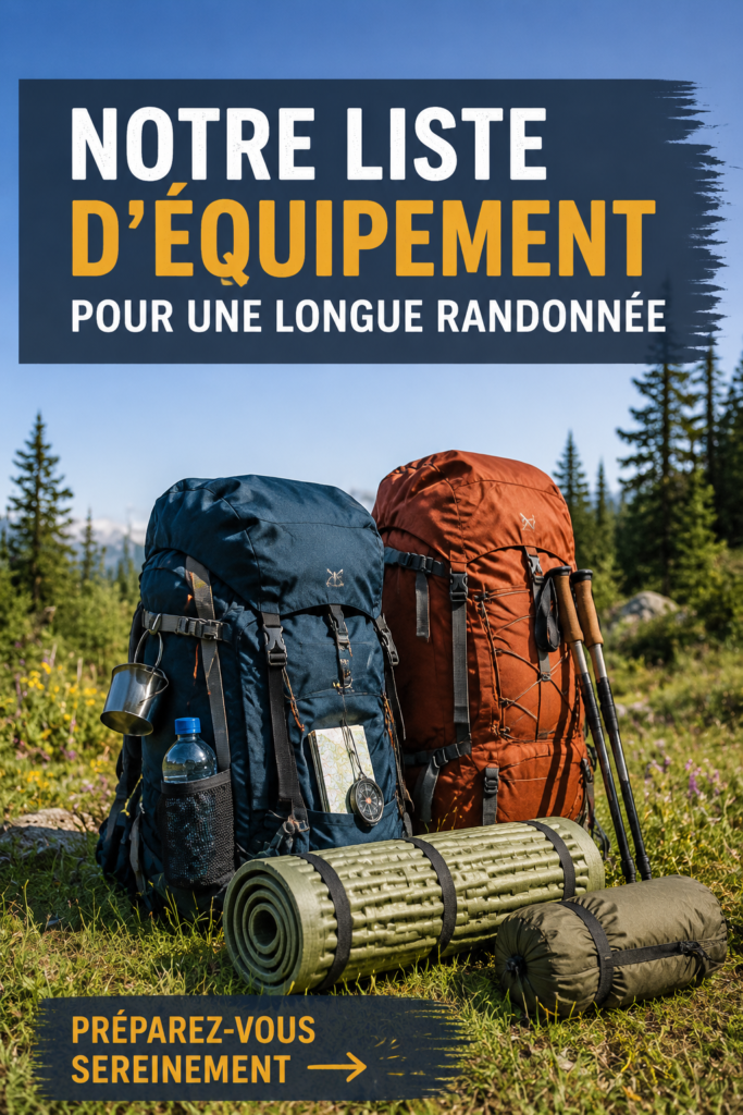 Équipement de randonnée prêt pour une aventure en plein air, incluant un sac à dos, des bottes et une bouteille d'eau.