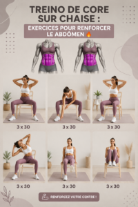 Femme faisant des exercices de core assis sur une chaise, souriante et concentrée.