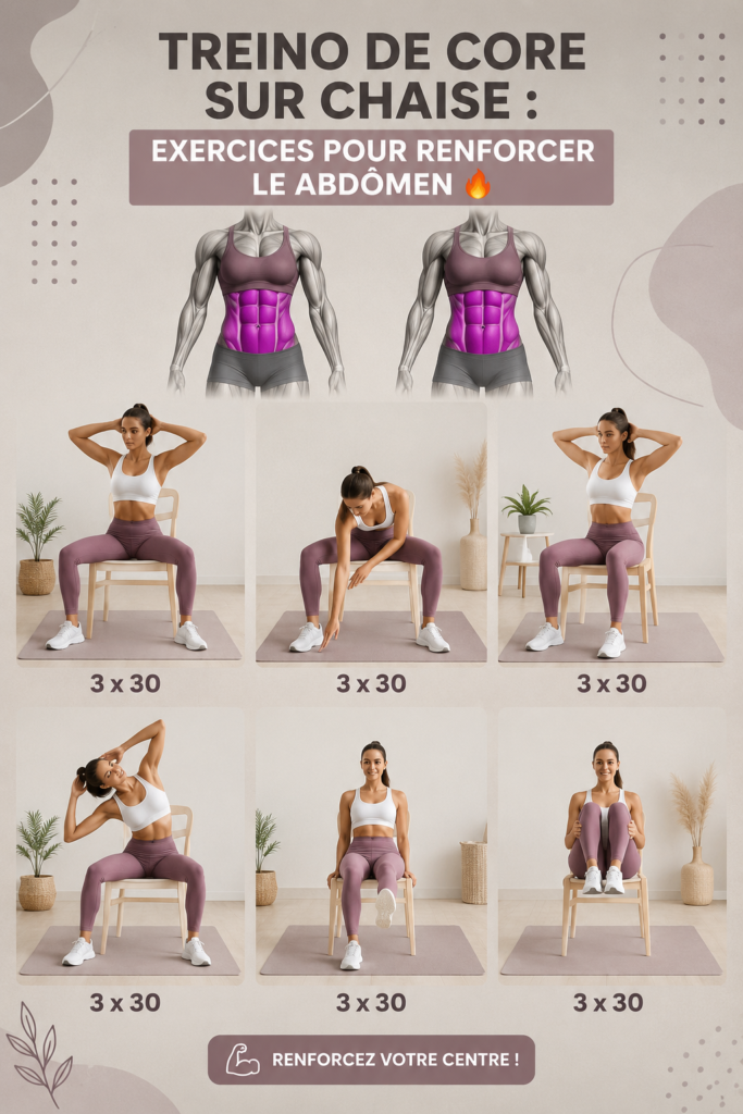 Femme faisant des exercices de core assis sur une chaise, souriante et concentrée.