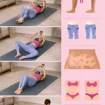 Femme s'entraînant à la maison avec des haltères et un tapis de yoga.