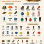 Équipements de camping disposés sur un fond naturel, prêts pour une aventure en Europe.