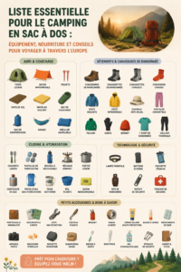 Équipements de camping disposés sur un fond naturel, prêts pour une aventure en Europe.