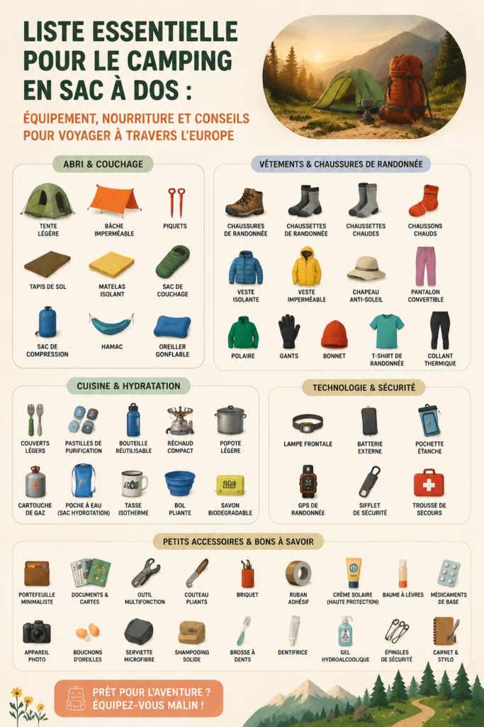 Équipements de camping disposés sur un fond naturel, prêts pour une aventure en Europe.