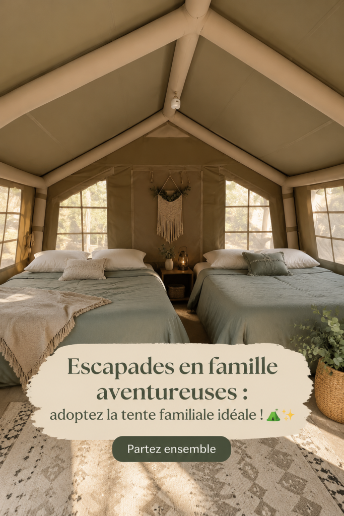 Tente familiale monté dans un paysage naturel accueillant, idéale pour des escapades en plein air.