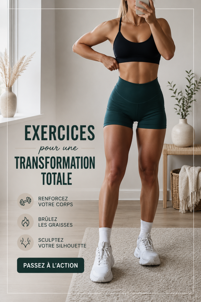 Femme effectuant des exercices à domicile pour une transformation corporelle.