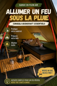 Allumer un feu de camp sous la pluie, une femme souriante s'active autour du foyer.