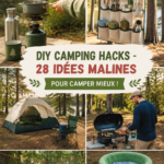 Une tente de camping installée dans une forêt avec des accessoires autour.