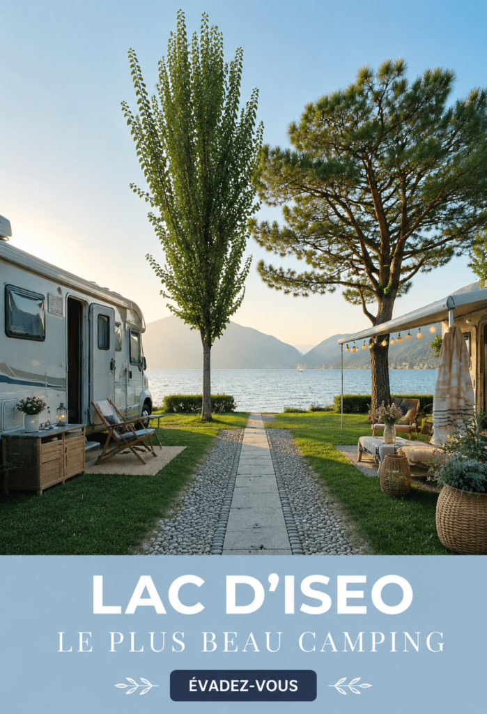 Vue panoramique d'un camping au bord du lac Iseo entouré de nature.