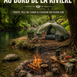 Camping au bord d'une rivière avec des tentes et un feu de camp, ambiance chaleureuse et conviviale.