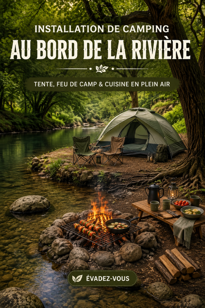Camping au bord d'une rivière avec des tentes et un feu de camp, ambiance chaleureuse et conviviale.