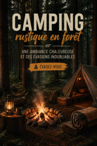 Un camp rustique en forêt avec une ambiance chaleureuse.