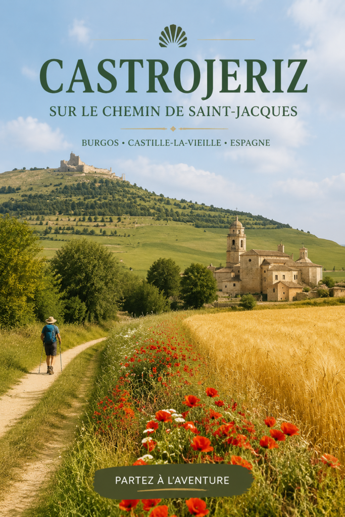 Vue panoramique de Castrojeriz, étape du Camino de Santiago avec ses bâtiments historiques et paysages environnants.