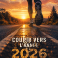 Une personne courant sur une route vers 2026 sous un coucher de soleil vibrant.