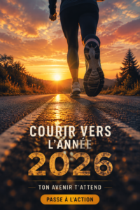Une personne courant sur une route vers 2026 sous un coucher de soleil vibrant.