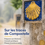 Marcheuse sur le chemin de Compostelle, entourée de paysages verdoyants.