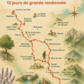 Randonnée sur le chemin de Saint-Guilhem avec vue sur les montagnes.