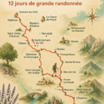 Randonnée sur le chemin de Saint-Guilhem avec vue sur les montagnes.