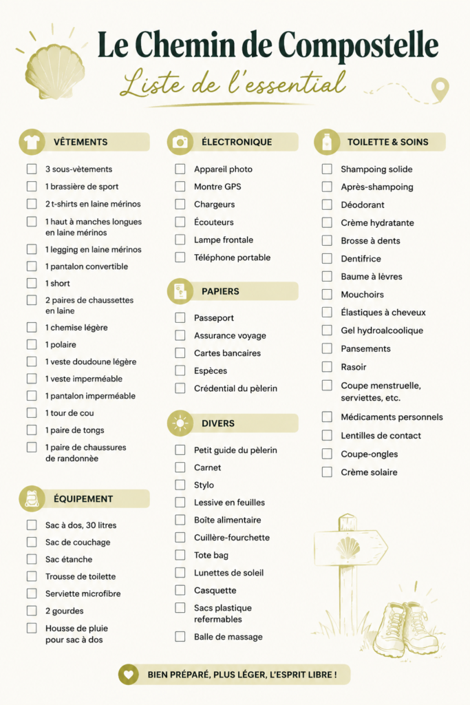 Liste d'essentiels à emporter pour le Camino de Saint-Jacques
