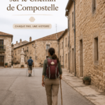 Femmes marchant sur le chemin de Santiago, entourées de paysages magnifiques et montagneux.