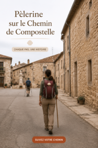Femmes marchant sur le chemin de Santiago, entourées de paysages magnifiques et montagneux.