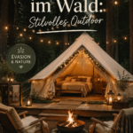 Un hébergement en glamping en forêt, avec une tente luxueuse entourée d'arbres, créant une ambiance chaleureuse