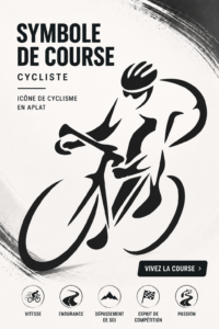 Icônes symboliques représentant le cyclisme, incluant des silhouettes de cyclistes et des logos sportifs.