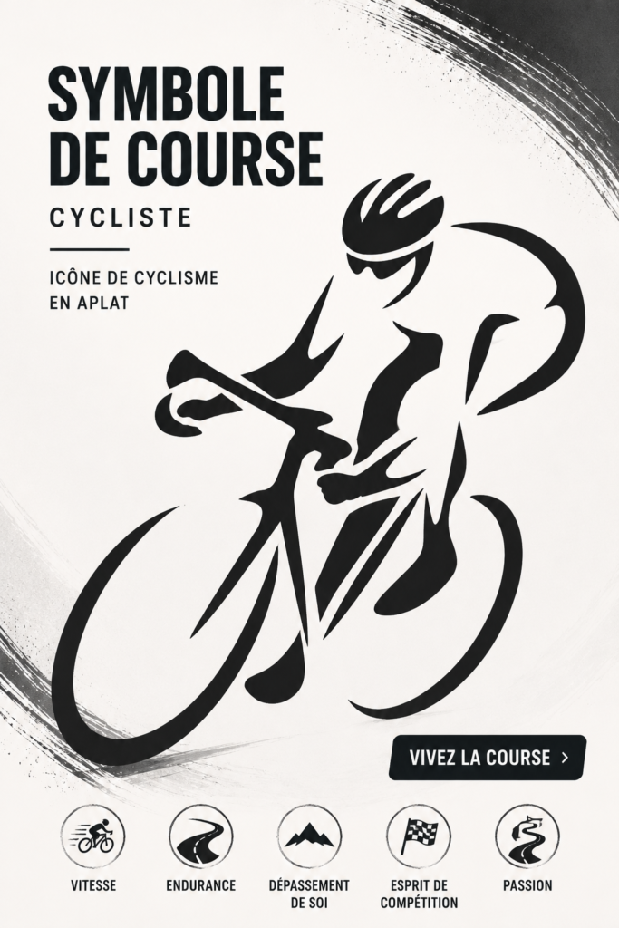 Icônes symboliques représentant le cyclisme, incluant des silhouettes de cyclistes et des logos sportifs.