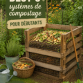Un composteur en bois rempli de déchets organiques dans un jardin.